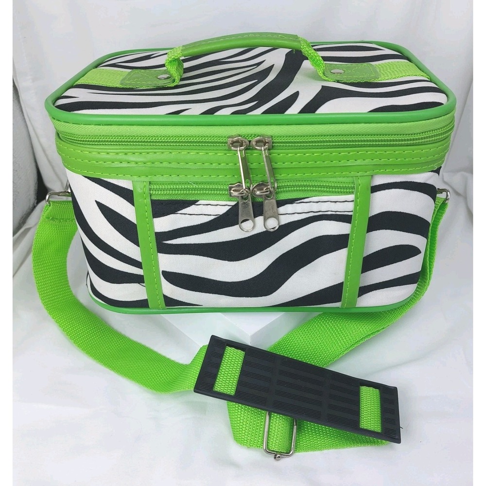 Make Up Travel Carrier Case Zebra Print Lime Green Zip Strap Mirror 7.5"x10"
